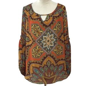 Grace The Perfect Fit Boho Paisley Balloon Sleeve Keyhole Blouse Size XL…